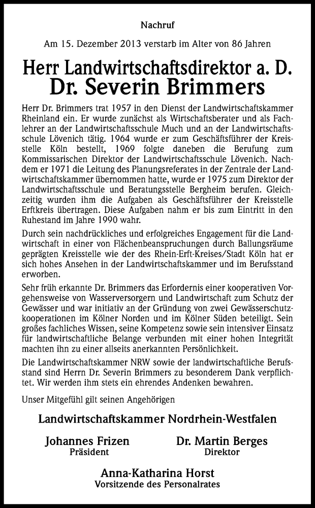  Traueranzeige für Severin Brimmers vom 28.12.2013 aus Kölner Stadt-Anzeiger / Kölnische Rundschau / Express