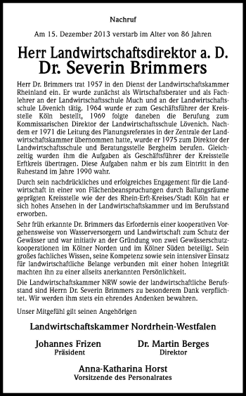 Anzeige von Severin Brimmers von Kölner Stadt-Anzeiger / Kölnische Rundschau / Express