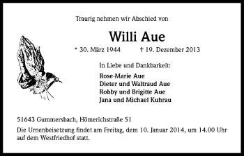 Anzeige von Willi Aue von Kölner Stadt-Anzeiger / Kölnische Rundschau / Express