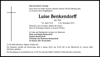 Anzeige von Luise Benkendorff von Kölner Stadt-Anzeiger / Kölnische Rundschau / Express