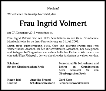 Anzeige von Ingrid Volmert von Kölner Stadt-Anzeiger / Kölnische Rundschau / Express