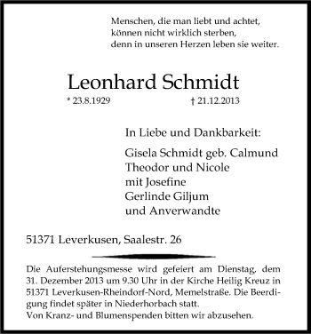 Anzeige von Leonhardt Schmidt von Kölner Stadt-Anzeiger / Kölnische Rundschau / Express
