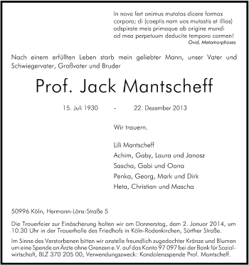 Anzeige von Jack Mantscheff von Kölner Stadt-Anzeiger / Kölnische Rundschau / Express