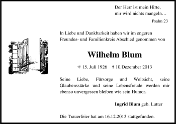Anzeige von Wilhelm Blum von Kölner Stadt-Anzeiger / Kölnische Rundschau / Express