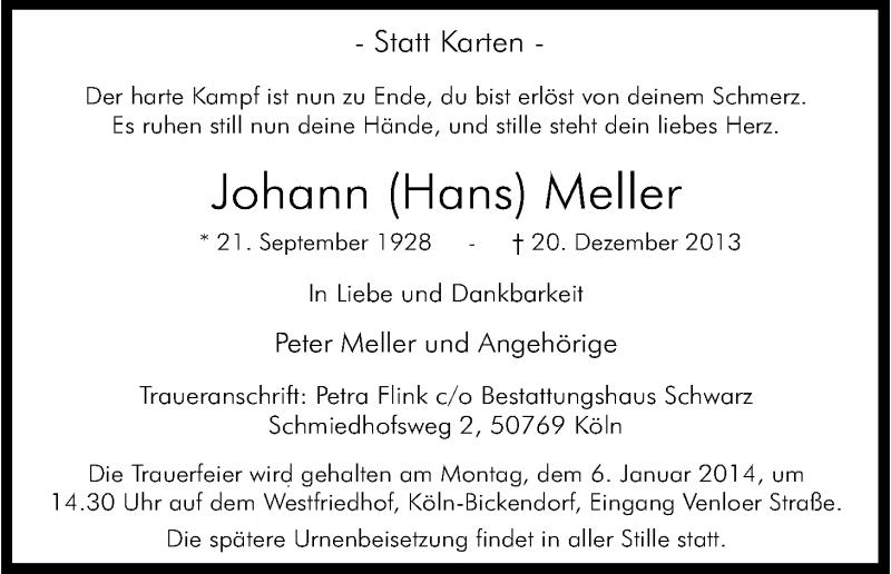  Traueranzeige für Johann Meller vom 28.12.2013 aus Kölner Stadt-Anzeiger / Kölnische Rundschau / Express