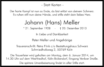 Anzeige von Johann Meller von Kölner Stadt-Anzeiger / Kölnische Rundschau / Express