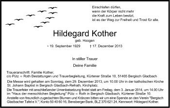 Anzeige von Hildegard Kother von Kölner Stadt-Anzeiger / Kölnische Rundschau / Express
