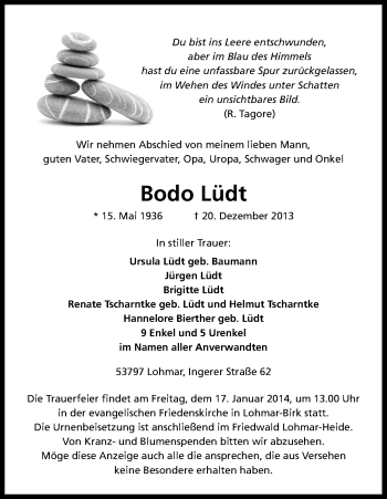 Anzeige von Bodo Lüdt von Kölner Stadt-Anzeiger / Kölnische Rundschau / Express