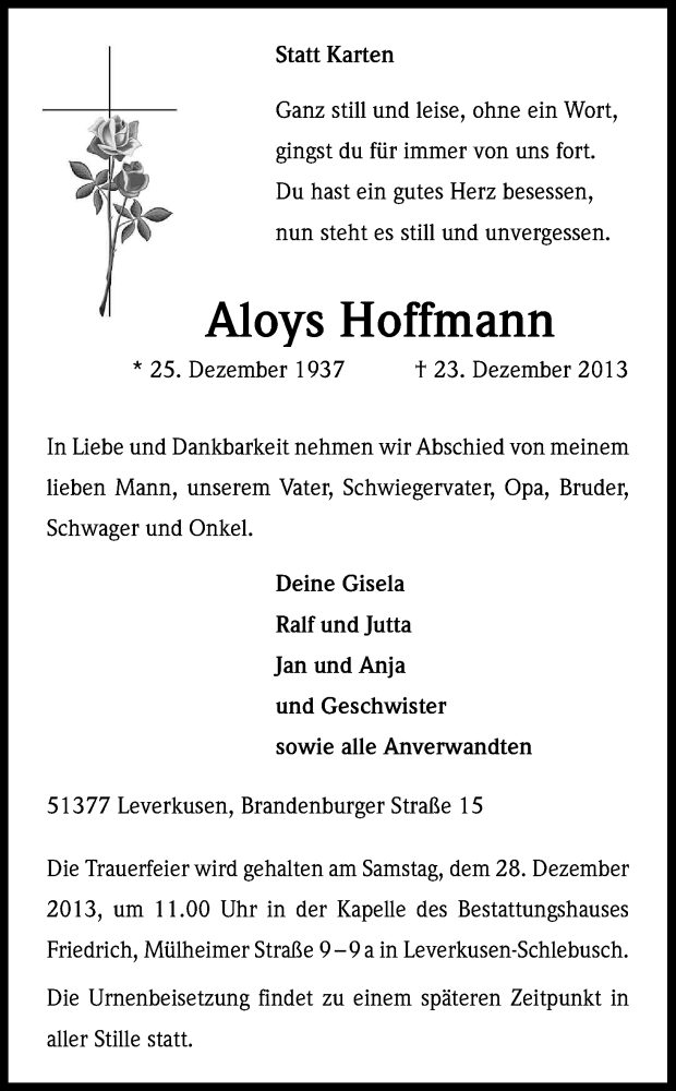 Traueranzeige für Aloys Hoffmann vom 27.12.2013 aus Kölner Stadt-Anzeiger / Kölnische Rundschau / Express