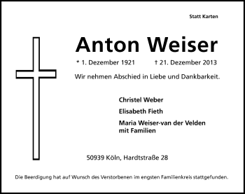 Anzeige von Anton Weiser von Kölner Stadt-Anzeiger / Kölnische Rundschau / Express