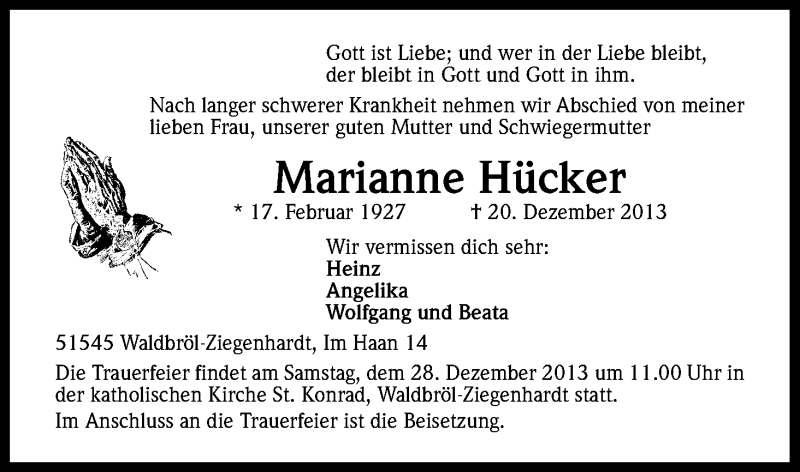 Traueranzeige für Marianne Hücker vom 24.12.2013 aus Kölner Stadt-Anzeiger / Kölnische Rundschau / Express