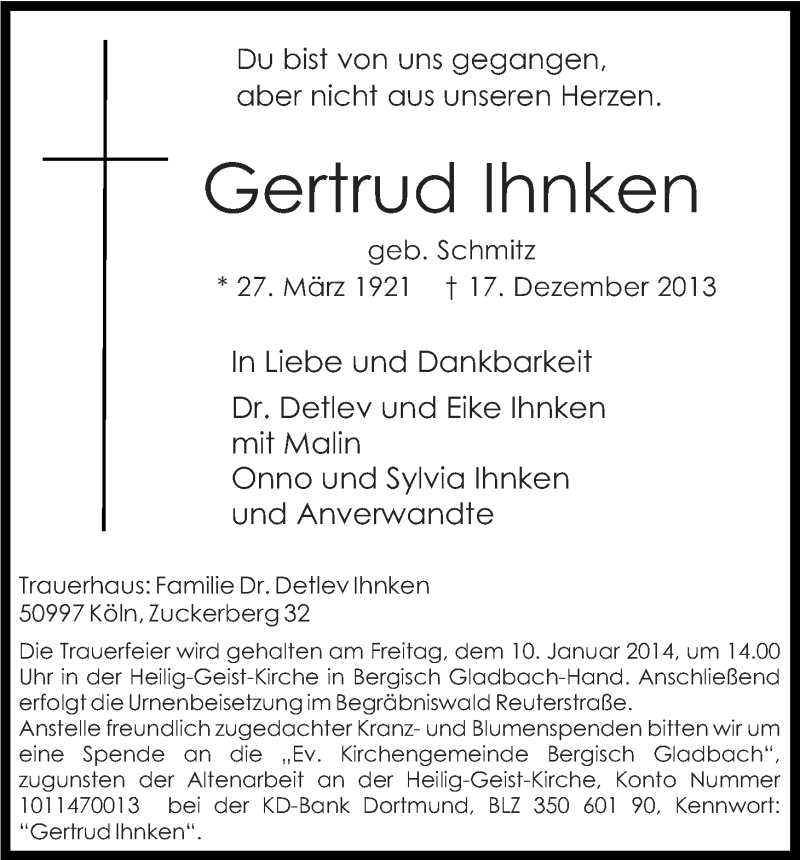  Traueranzeige für Gertrud Ihnken vom 28.12.2013 aus Kölner Stadt-Anzeiger / Kölnische Rundschau / Express