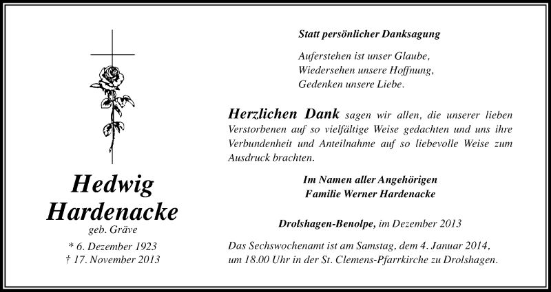 Traueranzeige für Hedwig Hardenacke vom 30.12.2013 aus Kölner Stadt-Anzeiger / Kölnische Rundschau / Express