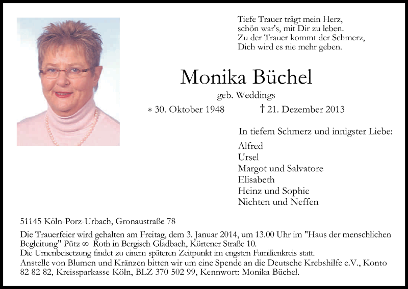  Traueranzeige für Monika Büchel vom 28.12.2013 aus Kölner Stadt-Anzeiger / Kölnische Rundschau / Express