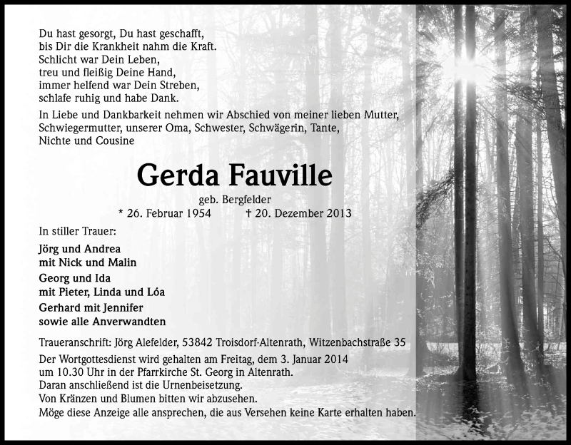  Traueranzeige für Gerda Fauville vom 28.12.2013 aus Kölner Stadt-Anzeiger / Kölnische Rundschau / Express