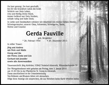 Anzeige von Gerda Fauville von Kölner Stadt-Anzeiger / Kölnische Rundschau / Express
