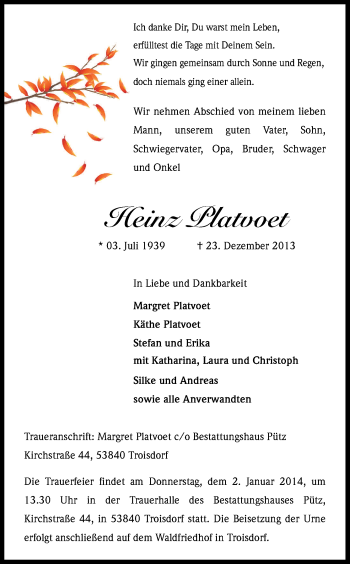 Anzeige von Heinz Platvoet von Kölner Stadt-Anzeiger / Kölnische Rundschau / Express