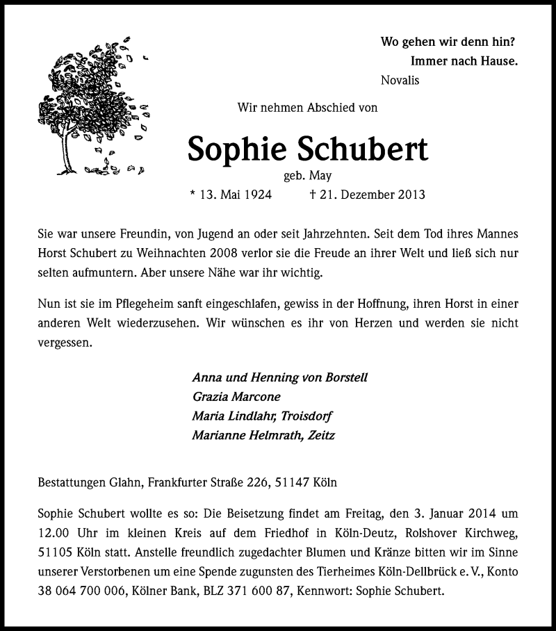  Traueranzeige für Sophie Schubert vom 28.12.2013 aus Kölner Stadt-Anzeiger / Kölnische Rundschau / Express