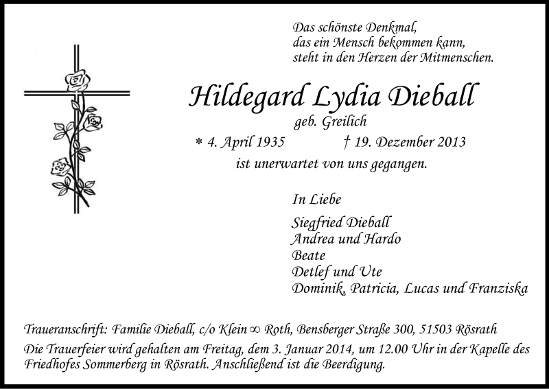  Traueranzeige für Hildegard Lydia Dieball vom 28.12.2013 aus Kölner Stadt-Anzeiger / Kölnische Rundschau / Express