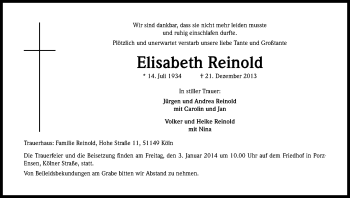 Anzeige von Elisabeth Reinold von Kölner Stadt-Anzeiger / Kölnische Rundschau / Express