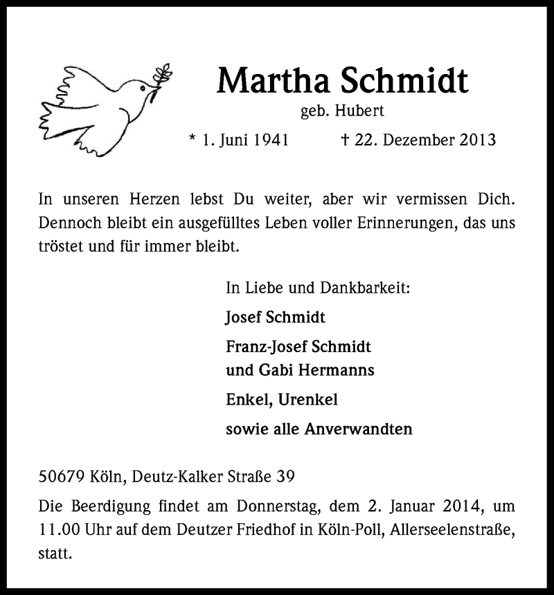  Traueranzeige für Martha Schmidt vom 28.12.2013 aus Kölner Stadt-Anzeiger / Kölnische Rundschau / Express
