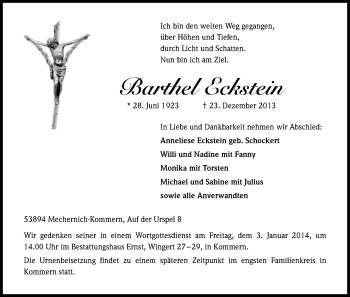 Anzeige von Barthel Eckstein von Kölner Stadt-Anzeiger / Kölnische Rundschau / Express