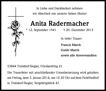 Anzeige von Anita Radermacher von Kölner Stadt-Anzeiger / Kölnische Rundschau / Express