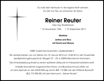 Anzeige von Reiner Reuter von Kölner Stadt-Anzeiger / Kölnische Rundschau / Express