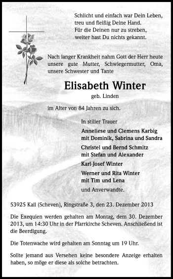 Anzeige von Elisabeth Winter von Kölner Stadt-Anzeiger / Kölnische Rundschau / Express