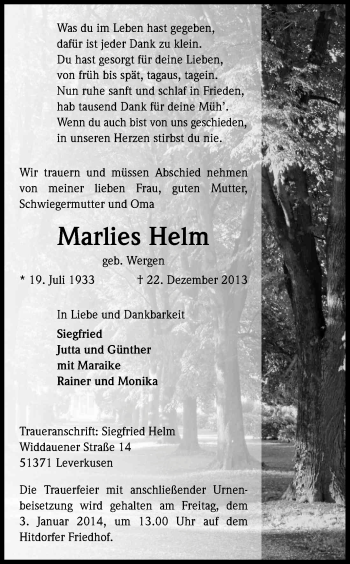 Anzeige von Marlies Helm von Kölner Stadt-Anzeiger / Kölnische Rundschau / Express
