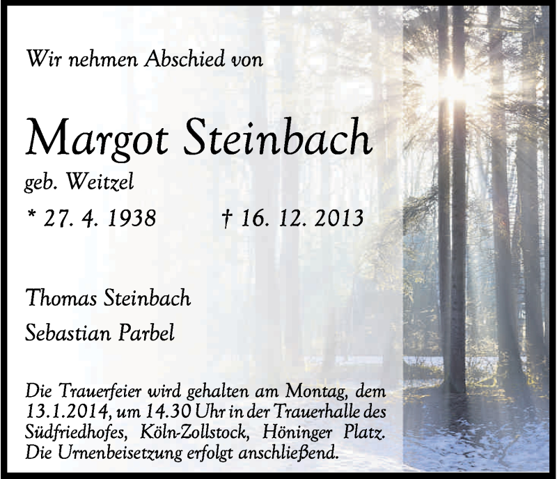  Traueranzeige für Margot Steinbach vom 04.01.2014 aus Kölner Stadt-Anzeiger / Kölnische Rundschau / Express