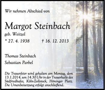 Anzeige von Margot Steinbach von Kölner Stadt-Anzeiger / Kölnische Rundschau / Express