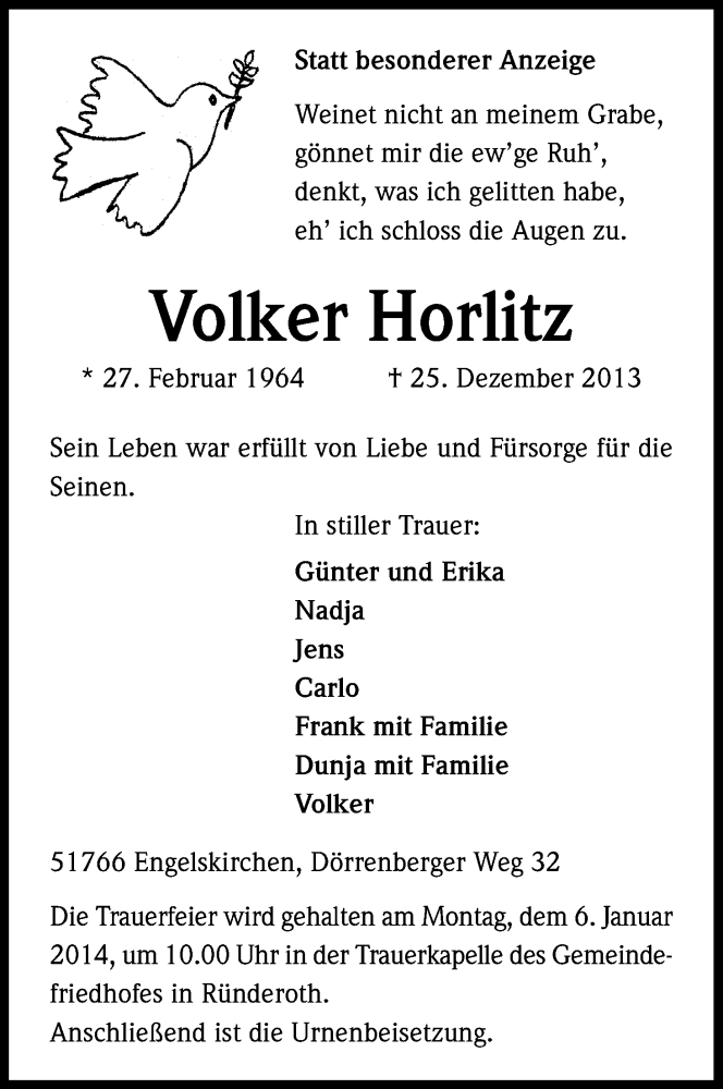  Traueranzeige für Volker Horlitz vom 28.12.2013 aus Kölner Stadt-Anzeiger / Kölnische Rundschau / Express