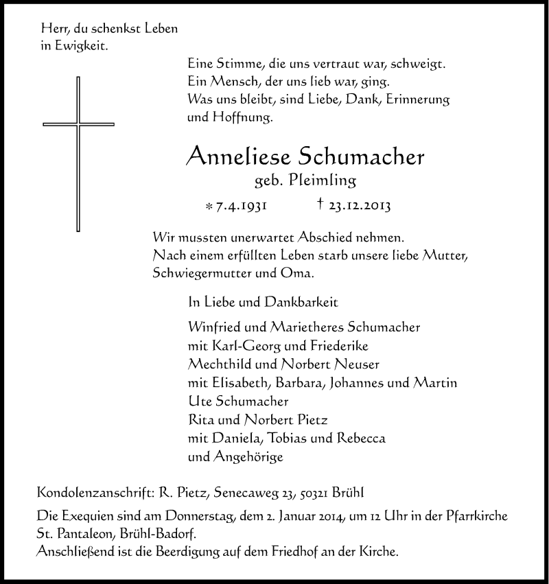  Traueranzeige für Anneliese Schumacher vom 30.12.2013 aus Kölner Stadt-Anzeiger / Kölnische Rundschau / Express