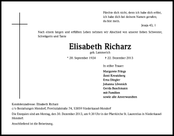 Anzeige von Elisabeth Richarz von Kölner Stadt-Anzeiger / Kölnische Rundschau / Express