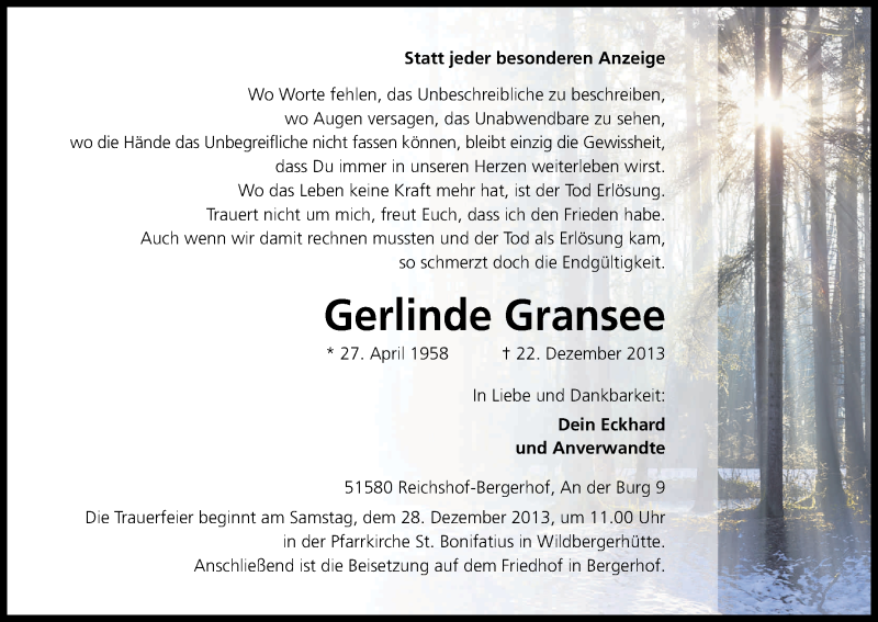  Traueranzeige für Gerlinde Gransee vom 28.12.2013 aus Kölner Stadt-Anzeiger / Kölnische Rundschau / Express