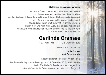 Anzeige von Gerlinde Gransee von Kölner Stadt-Anzeiger / Kölnische Rundschau / Express
