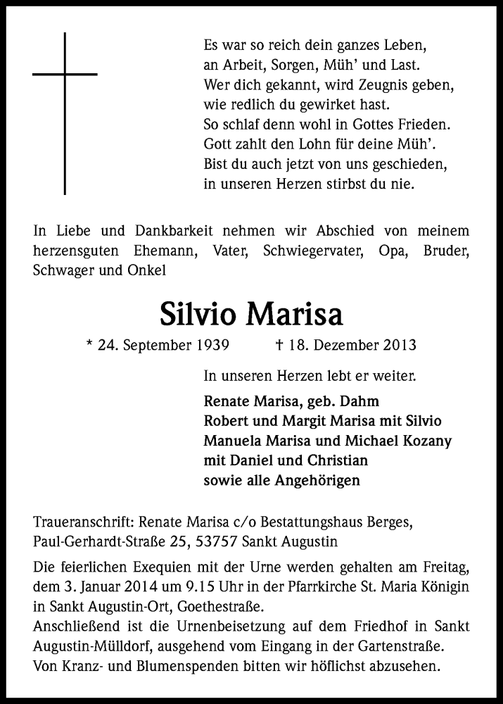  Traueranzeige für Silvio Marisa vom 28.12.2013 aus Kölner Stadt-Anzeiger / Kölnische Rundschau / Express