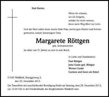 Anzeige von Margarete Roettgen von Kölner Stadt-Anzeiger / Kölnische Rundschau / Express