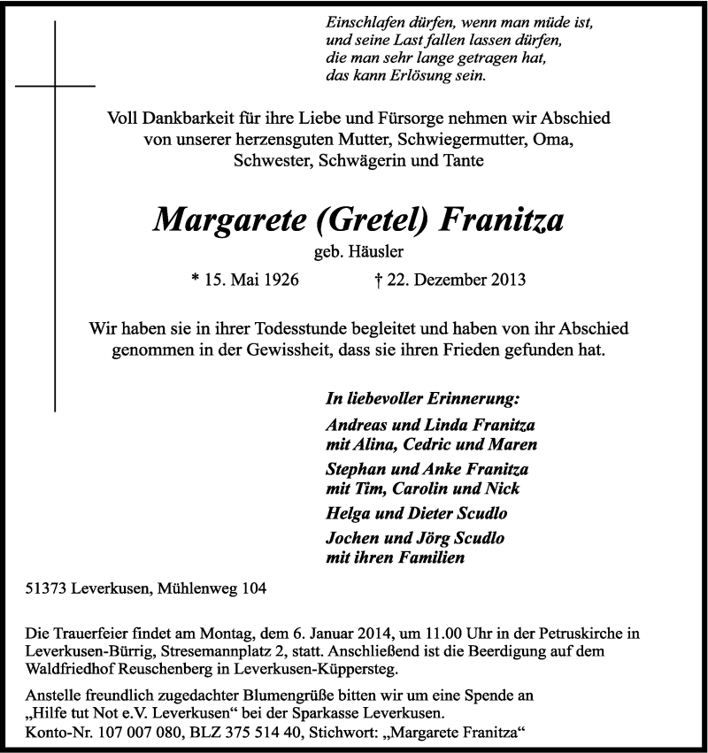  Traueranzeige für Margarete Franitza vom 28.12.2013 aus Kölner Stadt-Anzeiger / Kölnische Rundschau / Express