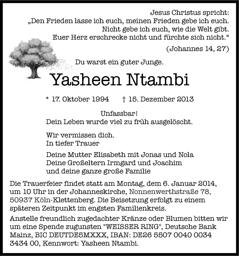  Traueranzeige für Yasheen Ntambi vom 28.12.2013 aus Kölner Stadt-Anzeiger / Kölnische Rundschau / Express