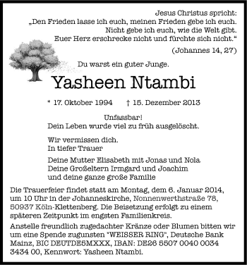 Anzeige von Yasheen Ntambi von Kölner Stadt-Anzeiger / Kölnische Rundschau / Express