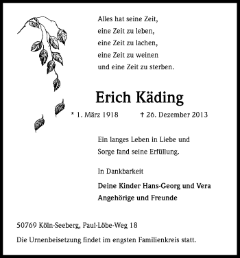 Anzeige von Erich Käding von Kölner Stadt-Anzeiger / Kölnische Rundschau / Express