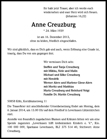 Anzeige von Anne Creuzburg von Kölner Stadt-Anzeiger / Kölnische Rundschau / Express