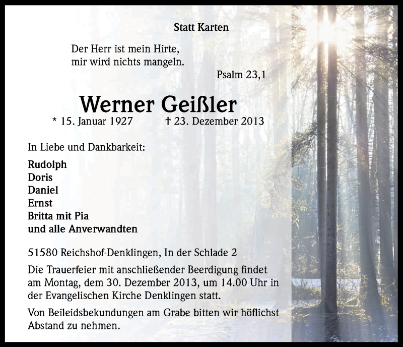  Traueranzeige für Werner Geißler vom 28.12.2013 aus Kölner Stadt-Anzeiger / Kölnische Rundschau / Express