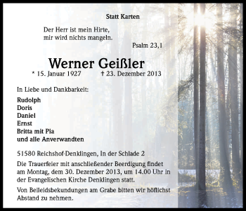 Anzeige von Werner Geißler von Kölner Stadt-Anzeiger / Kölnische Rundschau / Express