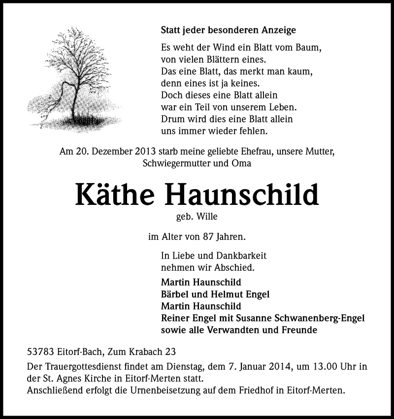  Traueranzeige für Käthe Haunschild vom 28.12.2013 aus Kölner Stadt-Anzeiger / Kölnische Rundschau / Express