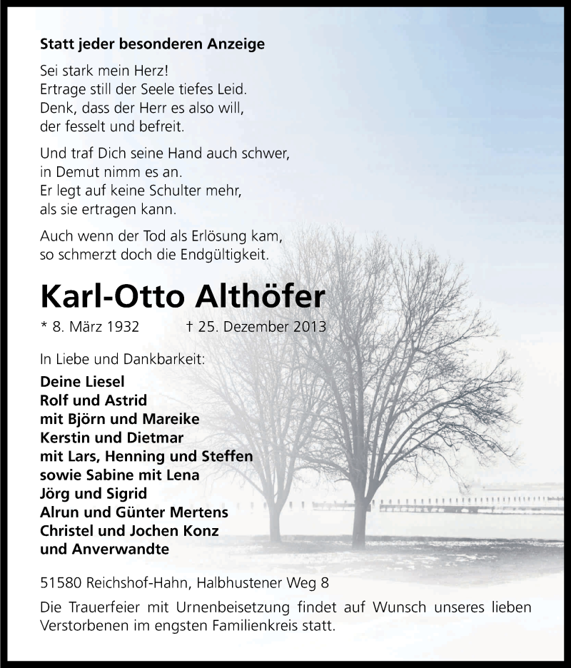  Traueranzeige für Karl-Otto Althöfer vom 28.12.2013 aus Kölner Stadt-Anzeiger / Kölnische Rundschau / Express