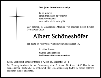 Anzeige von Albert Schöneshöfer von Kölner Stadt-Anzeiger / Kölnische Rundschau / Express