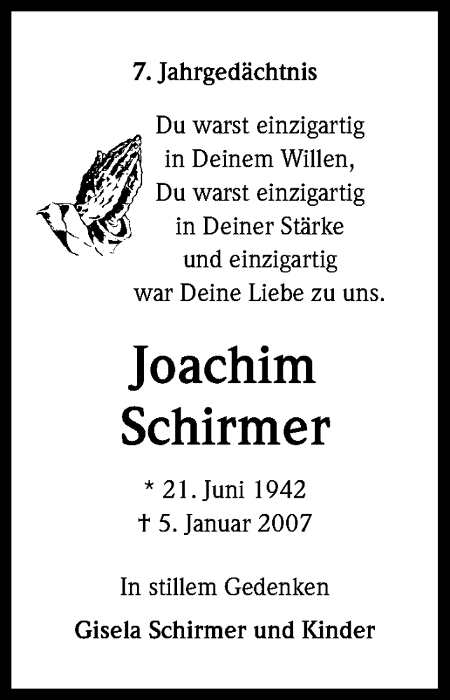  Traueranzeige für Joachim Schirmer vom 04.01.2014 aus Kölner Stadt-Anzeiger / Kölnische Rundschau / Express